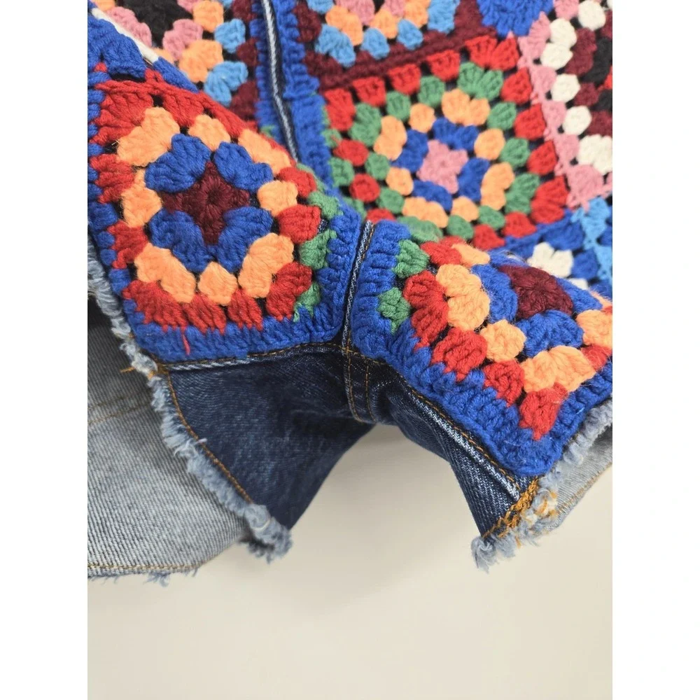 Farm Rio Denim Shorts Crochet Patches Size 29 Granny Square Cut Offs